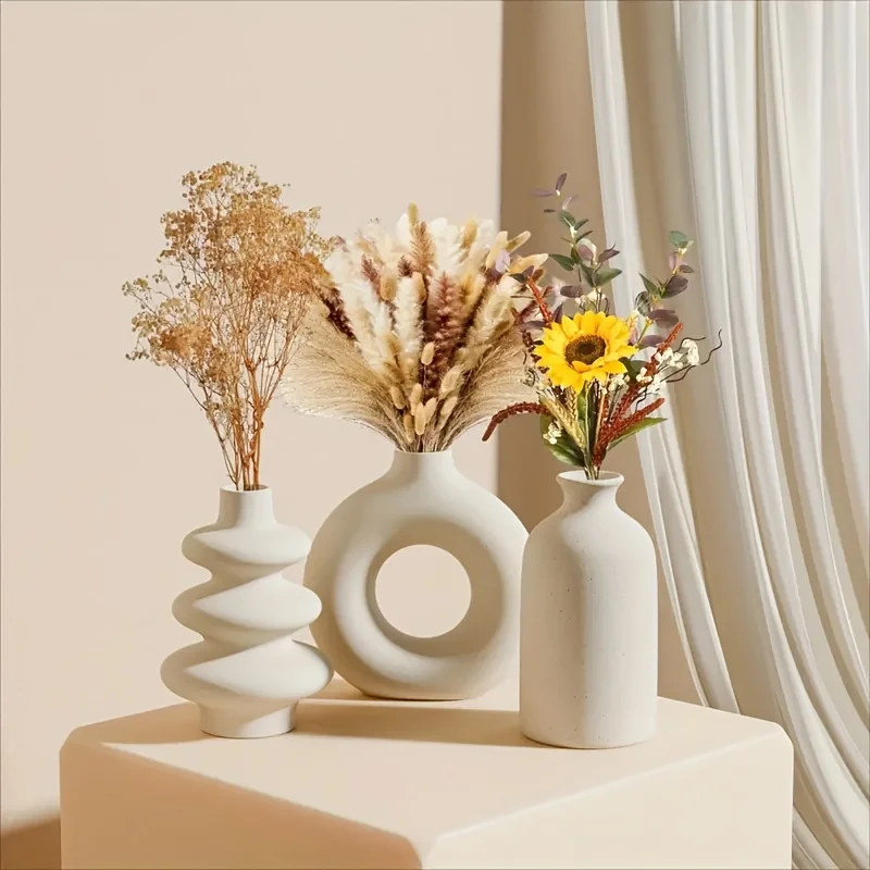 White Ceramic Bohemian Vase Set (3pcs) – Modern Home Decor - Image 4