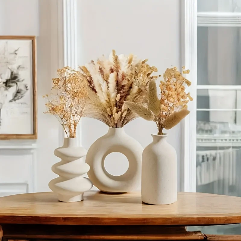 White Ceramic Bohemian Vase Set (3pcs) – Modern Home Decor - Image 2