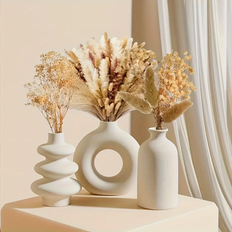 White Ceramic Bohemian Vase Set (3pcs) – Modern Home Decor