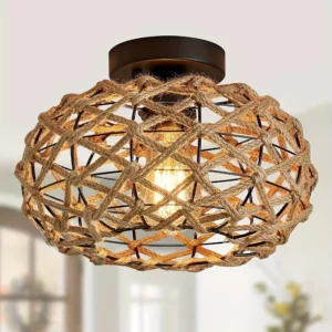 Hemp Rope Ceiling Light – Rattan Wicker Semi Flush Fixture