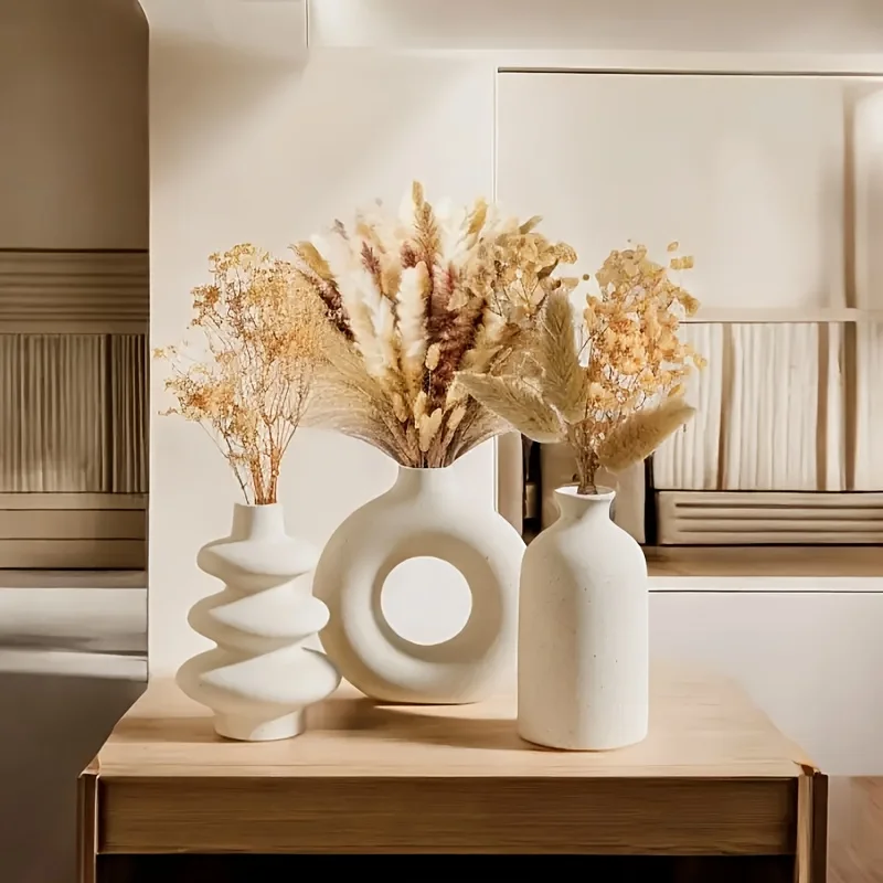 White Ceramic Bohemian Vase Set (3pcs) – Modern Home Decor - Image 5