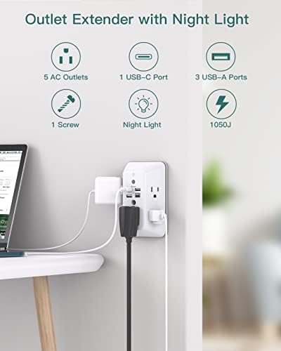 Surge Protector Outlet Extender with Night Light & USB-C – 5 Outlets - Image 2